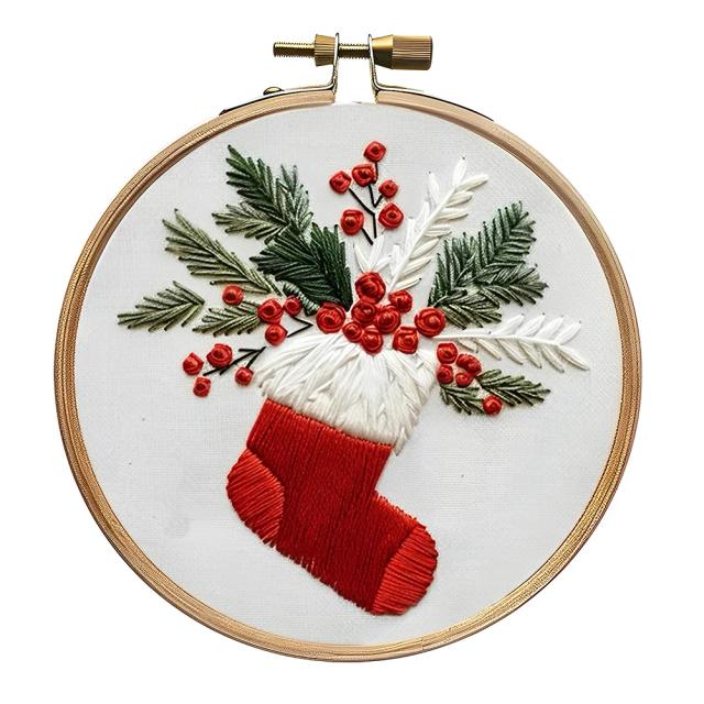 Kit de Ponto Cruz de Natal com Aro e Fios - Artesanato Ideal para Iniciantes e Adultos