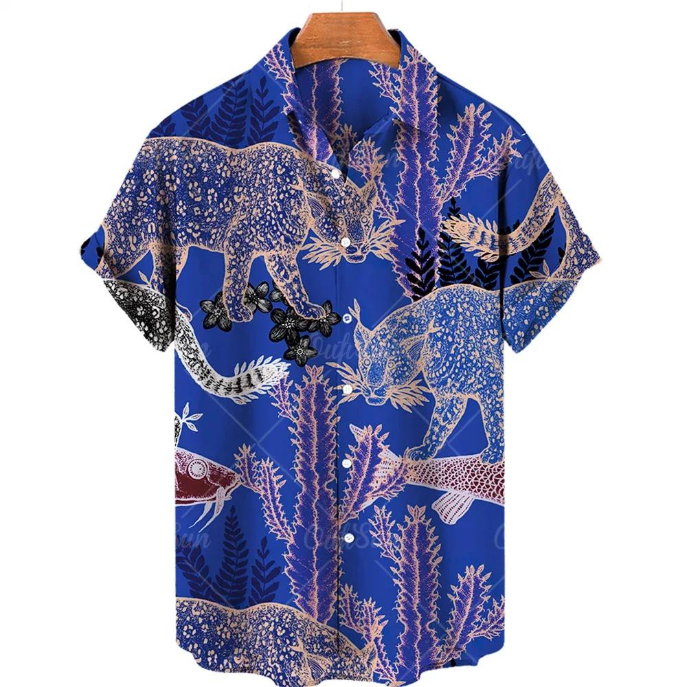 Camisa estampada de leão cão selvagem masculina, estampa de cachorro bonito, camisa de manga curta, top aberto masculino de lapela, tecido confortável - Image 1