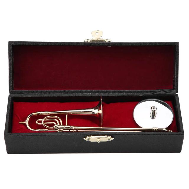 Miniatura de Trombone Banhada a Ouro com Suporte e Estojo - Ideal para Presentear, 15cm de Charmosa Delicadeza