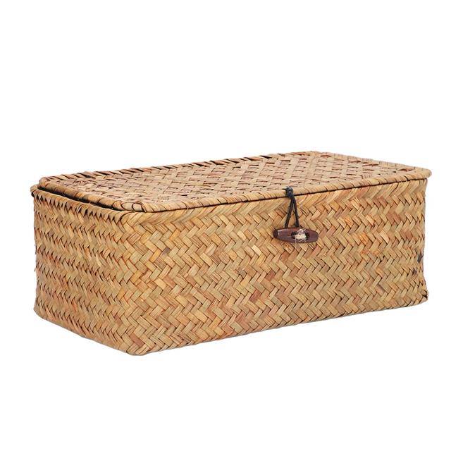 Cestas de Armazenamento de Vime com Tampa em Reed Natural para Estantes e Mesas