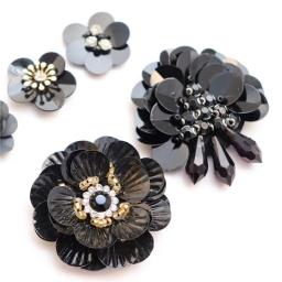 Patches feitos à mão com contas pretas para roupas, apliques com flor, tecido, 3d, remendos com buraco, glitter, decoração, diy - Image 3