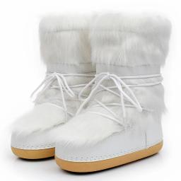2024 botas de neve de inverno botas de esqui femininas fofo peludo rendas até plataforma de panturrilha média plana com botas de esqui brancas - Image 1