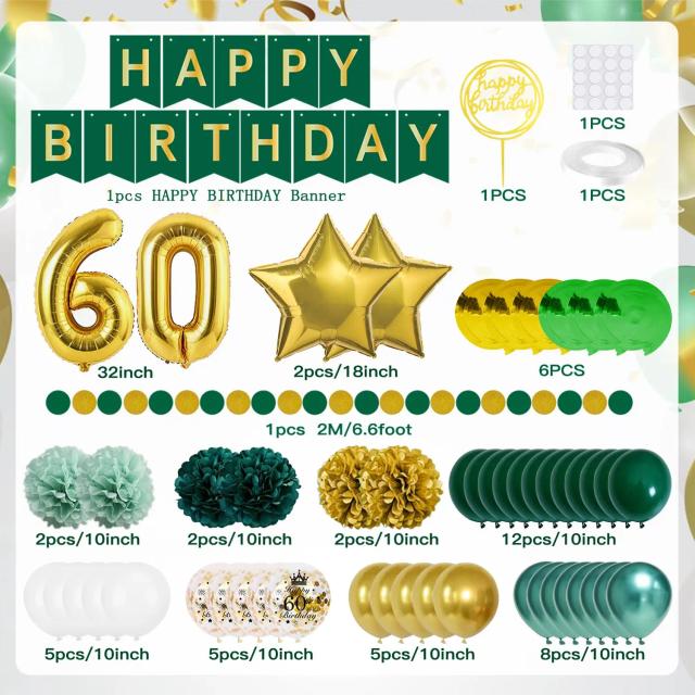 Decorações Elegantes para Aniversários de 30, 50 e 60 Anos em Verde e Dourado com Papel Pom Poms e Balões