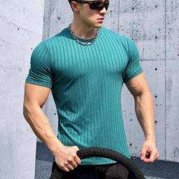 Camiseta elástica de fitness masculina com gola redonda, camiseta solta de manga curta esportiva verão, moda listra correndo top - Image 3