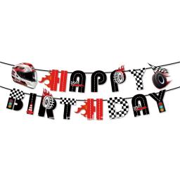 Suprimentos para festa de carro de corrida para meninos, banner de feliz aniversário, placas e guardanapos de carro de corrida verificados, copos de pista de corrida, toppers de bolo de roda - Image 5