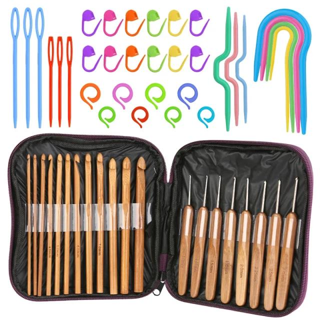 Conjunto Completo de Ganchos de Crochê de Bambu com Agulhas de Malha e Costura - 20 Peças em Cores Aleatórias