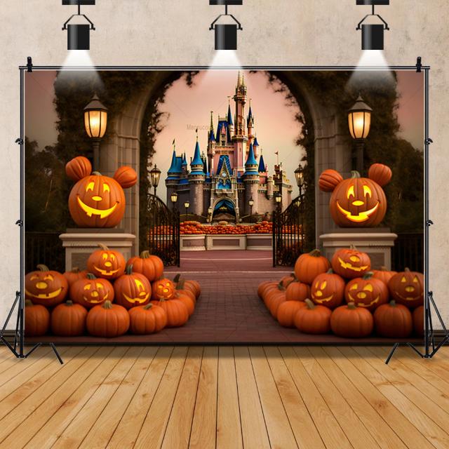 Fundo Personalizado para Festa de Halloween com Castelo de Abóbora e Família de Abóboras para Fotos de Crianças