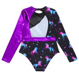 Crianças meninas dos desenhos animados cavalo impressão ballet dança collant manga longa aberto para trás elástico macacão traje de ginástica dancewear - Image 4