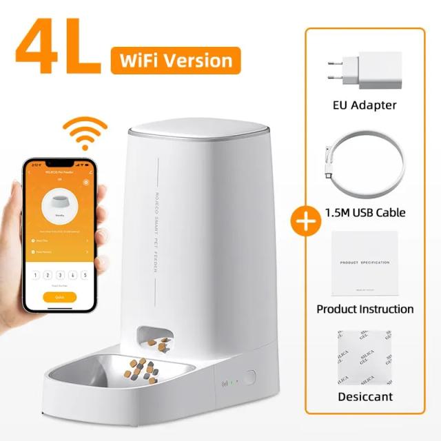 Alimentador Pet Automático ROJECO com Controle Remoto e Conexão WiFi para Gatos e Cachorros