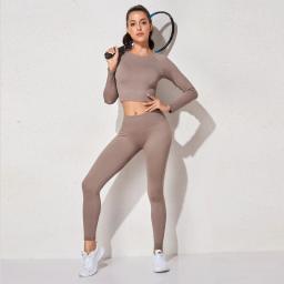 Conjunto de roupas esportivas femininas yoga roupas de treino atlético wear esportes ginásio legging sem costura sutiã de fitness colheita superior manga longa terno de yoga - Image 6