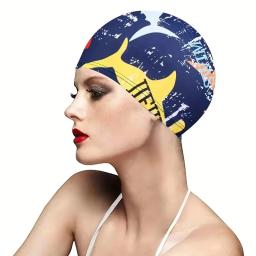 Touca de natação com estampa de folhas à prova d'água com proteção para os ouvidos e design antiderrapante para adultos – perfeita para piscina, praia e diversão no verão - Image 3