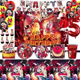 Talheres descartáveis para festa de aniversário, suprimentos para festa, decoração de fundo balão, bolo Topper, presente para crianças, tema do hotel, Hazbin - Image 1