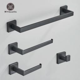 Preto casa de banho 40cm acessórios conjunto de montagem na parede de aço inoxidável barra de toalha rack rolo de papel higiênico titular robe gancho cabide ferragem - Image 1
