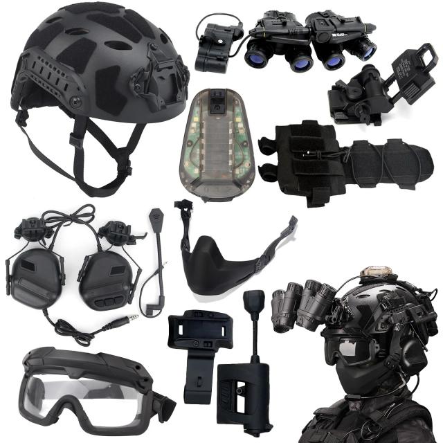 Capacete Tático Airsoft com Headset, Óculos de Paintball, Máscara, Sinalizador de Luz e Bolsa para Bateria L4G24 NVG em Aluminio Liga