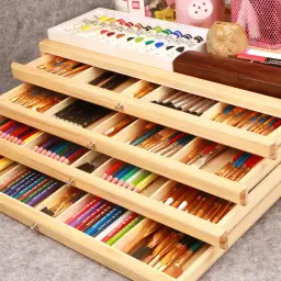 Material de arte escova caixa de armazenamento de madeira gaveta-estilo caixa de pintura cor chumbo arte quatro-camada desktop papelaria caneta acabamento em rack - Image 1