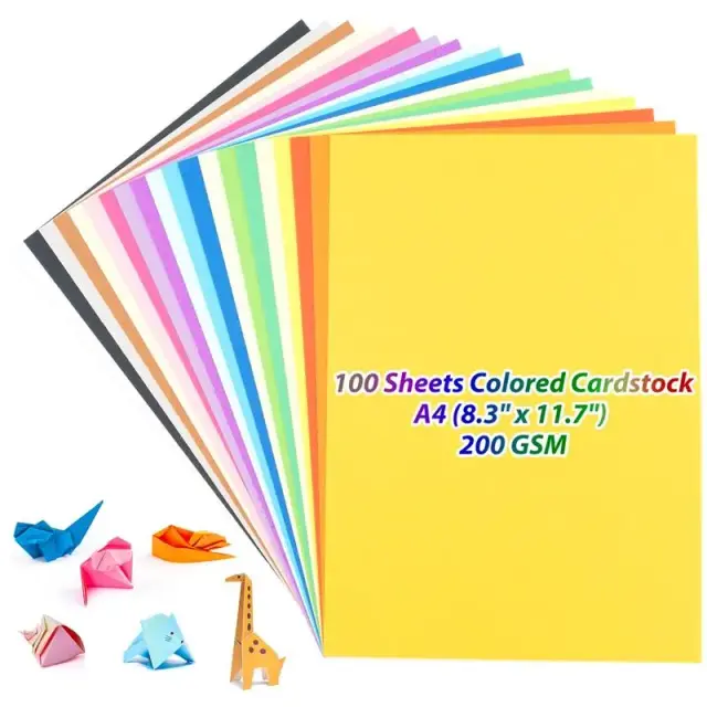 Papel Cartão Colorido A4 para Artesanato DIY - 100 Folhas em 20 Cores Sortidas