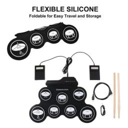 Kit de Bateria Eletrônica com Baquetas e Pedal Sustain, Rolo de Mão, Bateria de Música Dobrável, Prática Portátil, USB, Kit 7-Pad - Image 4