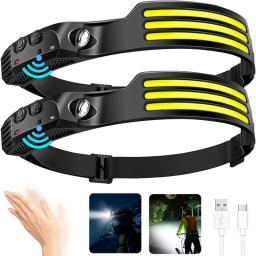 Cob led farol de indução lâmpada de cabeça bateria embutida usb recarregável cabeça lanterna acampamento ao ar livre pesca sensor farol - Image 1