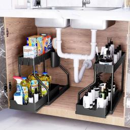 Sob Pia Organizador De Armazenamento com Deslizante Gaveta, Multipurpose Rack, Banheiro e Cozinha Armário, 2 Tiers - Image 2