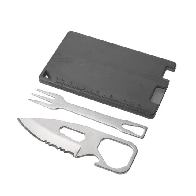 Ferramenta Multifuncional para Camping: Faca e Garfo de Churrasco com Cartão de Sobrevivência e Talheres para Bife
