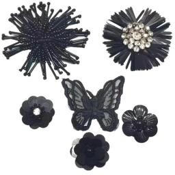 Patches feitos à mão com contas pretas para roupas, apliques com flor, tecido, 3d, remendos com buraco, glitter, decoração, diy - Image 4