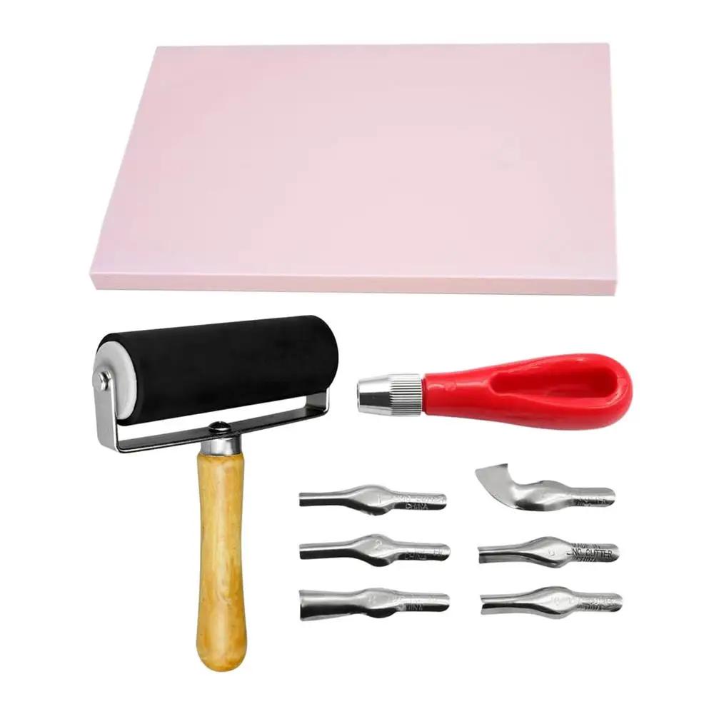 Kit de fabricação de carimbo de borracha Kit de ferramentas de impressão bloco Cortador linóleo com 6 lâminas tipo papel vegetal para escultura de carimbo artesanal - Image 1