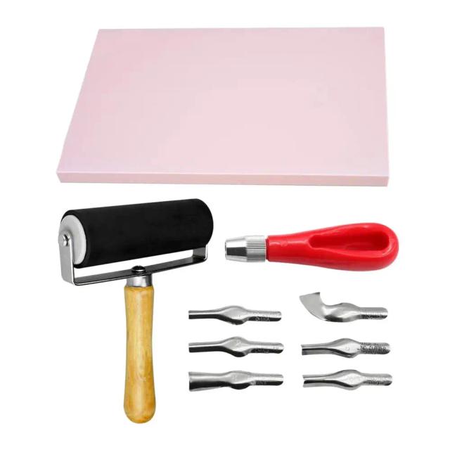 Kit Completo para Fabricação de Carimbos de Borracha com Cortador de Linóleo e 6 Lâminas para Escultura Artesanal