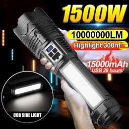 Lanterna LED de alta potência, lâmpada recarregável USB, lanterna de acampamento ao ar livre, lanterna tática, tocha super brilhante, 1500W, 10000000LM - Image 1