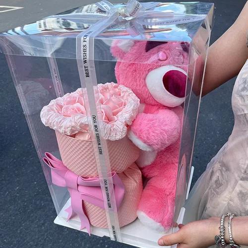 Flores Eternas Criativas com Urso Rosa Morango - Presente de Aniversário Perfeito para Meninas e Melhores Amigas