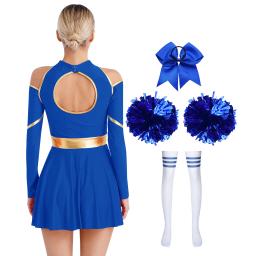 Trajes de dança de torcida para mulheres, vestido manga comprida com pompons, meias para menina de escola, fantasias de Halloween para líderes alegres - Image 2