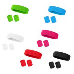 Algodão Suor Absorvente Sports Sweatband Set, 2 Pulseiras, 1 Headband, Umidade Wicking, Faixa elástica da cabeça - Image 3