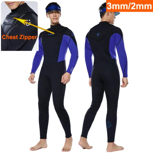 Pele de Mergulho Premium Masculina de Neoprene Manga Completa com Zíper no Peito para Caça Lança, Mergulho e Surf em 3mm e 2mm