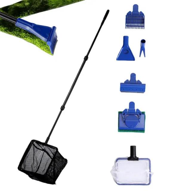 Kit de Limpeza 6 em 1 para Aquário com Cabo Telescópico: Limpador de Vidro, Raspador de Algas e Rede de Pesca