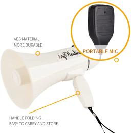 Bullhorn portátil do pa do orador do megafone da potência de 35 watts com microfone handheld incorporado sirene 240s gravação (branco) - Image 6