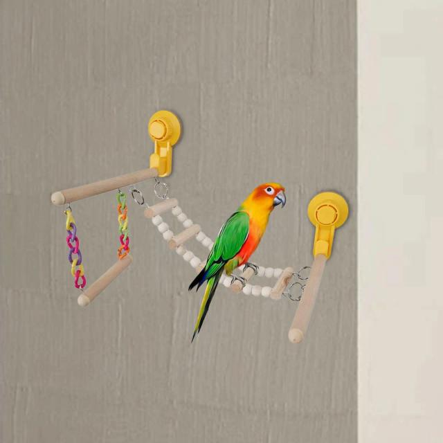Brinquedo de Ventosa em Madeira para Pássaros: Poleiro Funcional para Janelas e Viagens com Cercadinho para Ardósias, Periquitos, Lovebirds e Cockatiels