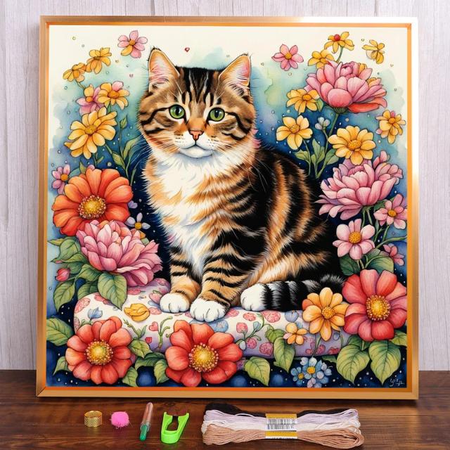 Kit Completo de Ponto Cruz com Lona 11CT - Gato Bordado para Hobby e Artesanato