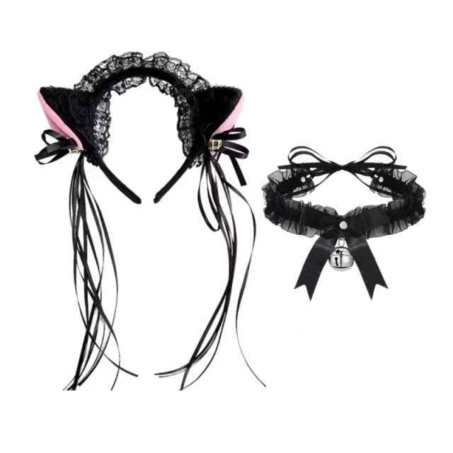Kit de Fantasia de Gato 634C com Orelhas, Cauda, Renda e Gargantilha para Halloween