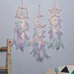 Bonito apanhador de sonhos para pendurar decoração de casa estrela lua apanhador de sonhos ornamentos de penas pendurado na parede interior decoração da casa do quarto do miúdo - Image 1