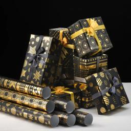 Rolos de Papel de Embrulho para Presente, Metálico, Preto e Dourado, Dia dos Namorados, Aniversários, Casamentos, Graduações, Noivados, 50x70cm, 8 Pcs - Image 1