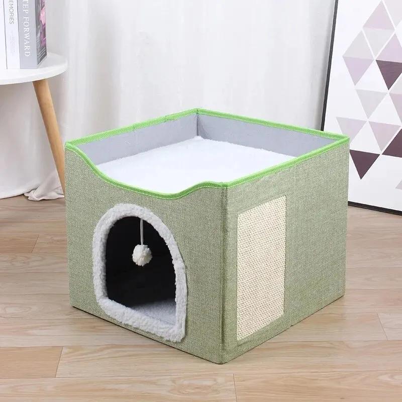 Cama grande para gatos com bola fofa pendurada e scratch pad, dobrável de dupla camada, camas para gatos internos dormindo, todas as estações - Image 1