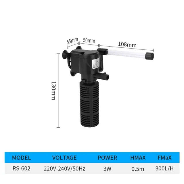 Purificador de Água Submersível 3 em 1 com Aeração e Filtro para Aquários Silencioso