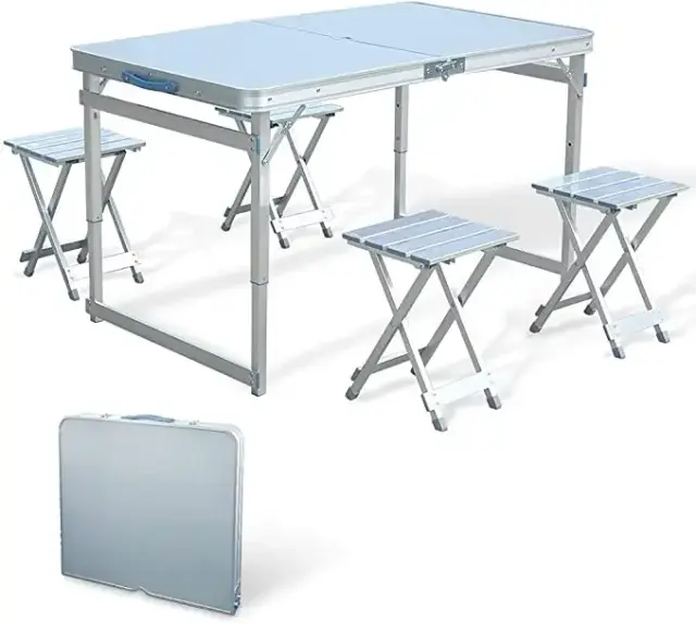 Mesa Dobrável e Cadeira Portátil para Piquenique com Abertura para Guarda-Sol, Ideal para 4 Pessoas