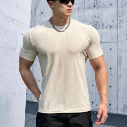 Camiseta elástica de fitness masculina com gola redonda, camiseta solta de manga curta esportiva verão, moda listra correndo top - Image 4