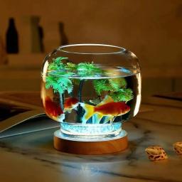 Aquário criativo pequeno tanque de peixes de vidro redondo ecológico peixes peixes peixes base iluminação combate tanque aquário acessórios 5v, - Image 1