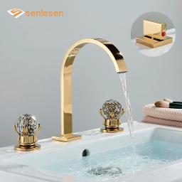 Senlesen 3 pçs conjunto de ouro torneira da bacia do banheiro três furos dupla cristal lidar com deck montado misturador água quente e fria da banheira - Image 1