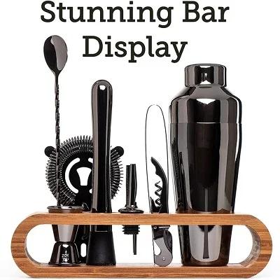Conjunto de Bartender Cocktail Mixology com Suporte Elegante em Bambu - 10 Peças de Utensílios de Bar
