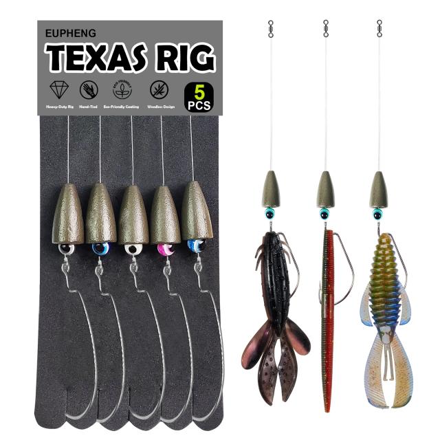 Eupheng Texas Rig Fishing Set Linha Líder Pré-Rigged com Pesos Ganchos para Bass Fishing 5Pcs