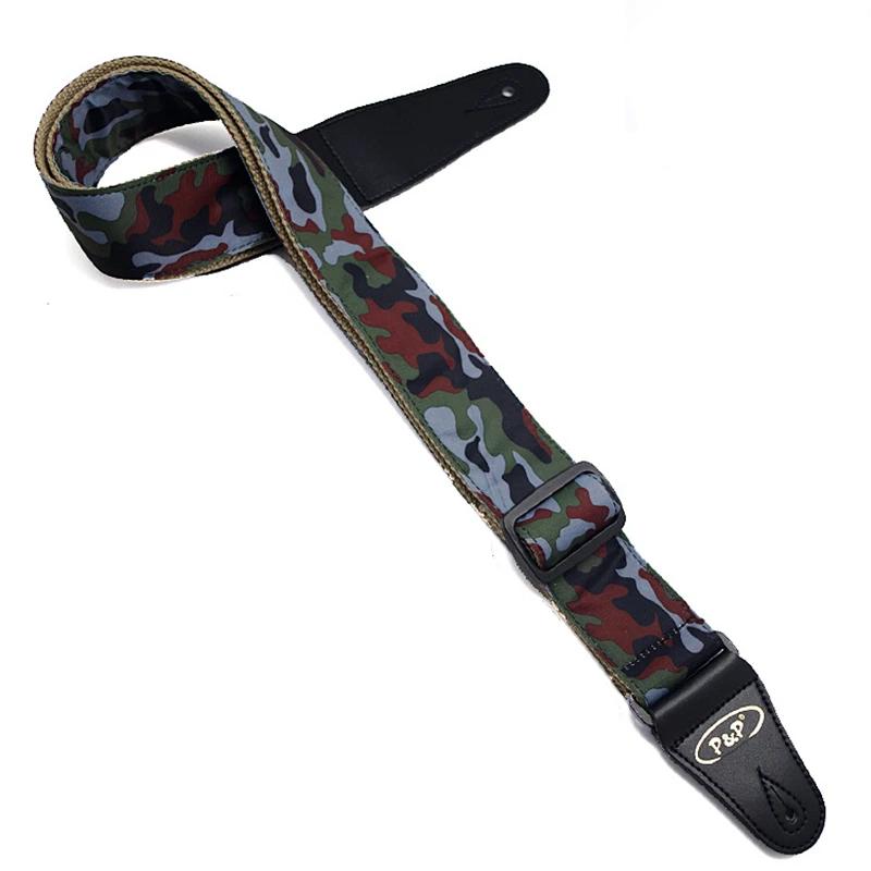 Correia da guitarra de algodão para guitarra elétrica acústica e baixo ajustável camuflagem cinto de couro durável termina - Image 1