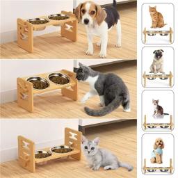 Tigelas de bambu elevadas para cães com suporte ajustável, criado, cachorro, gato, comida, tigelas de água, suporte, coelho, alimentador para animais pequenos e médios - Image 1