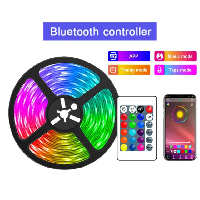 Fitas LED RGB Inteligentes com Mudança de Cores, Controle por APP, Baixa Tensão, Ideais para Decoração de Casa, TV e Festas, Funcionamento com Bateria 5V